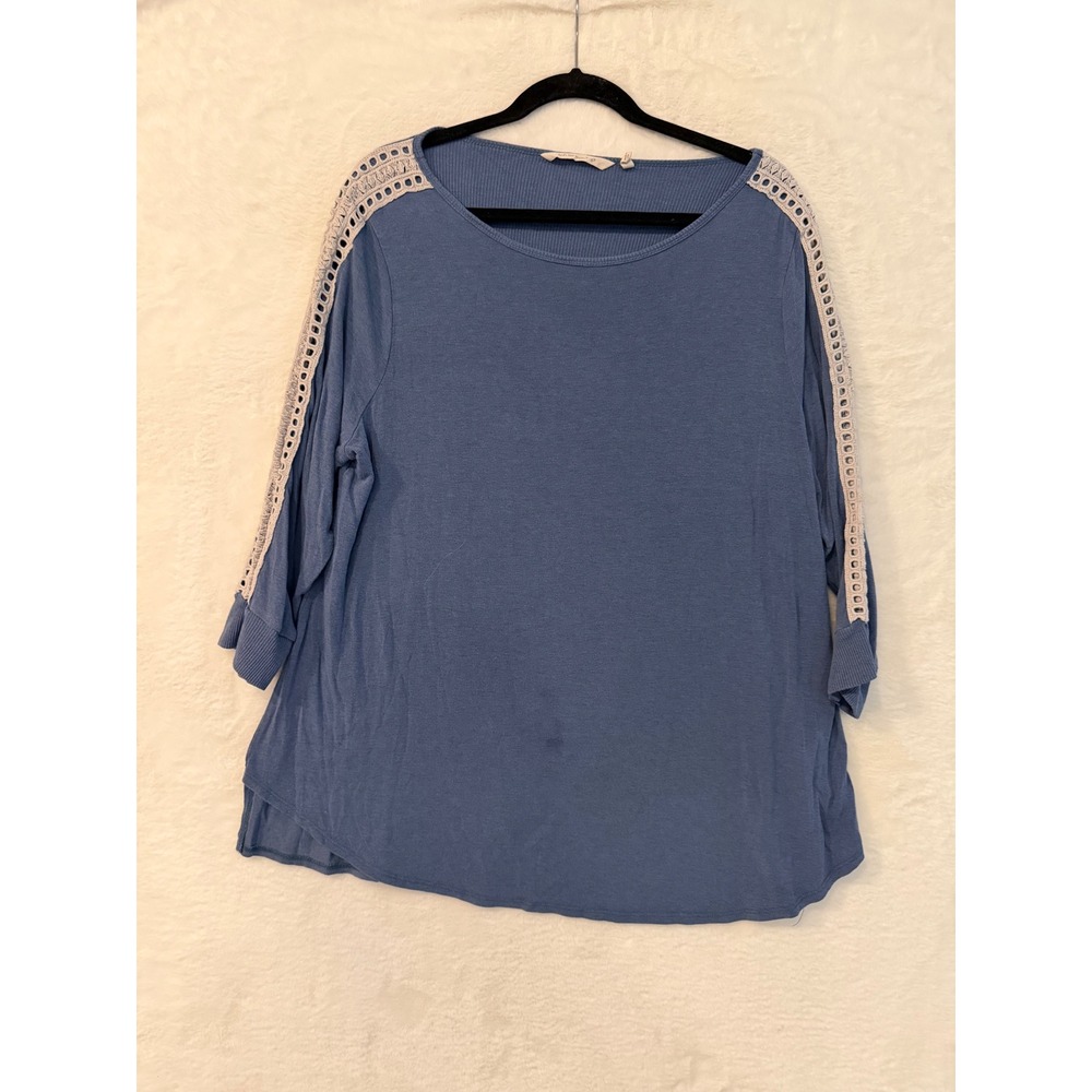 Soft Surroundings Blue Crochet Lace Trim Rib Knit Top Womens 1X 3/4 Sleeve SBN77